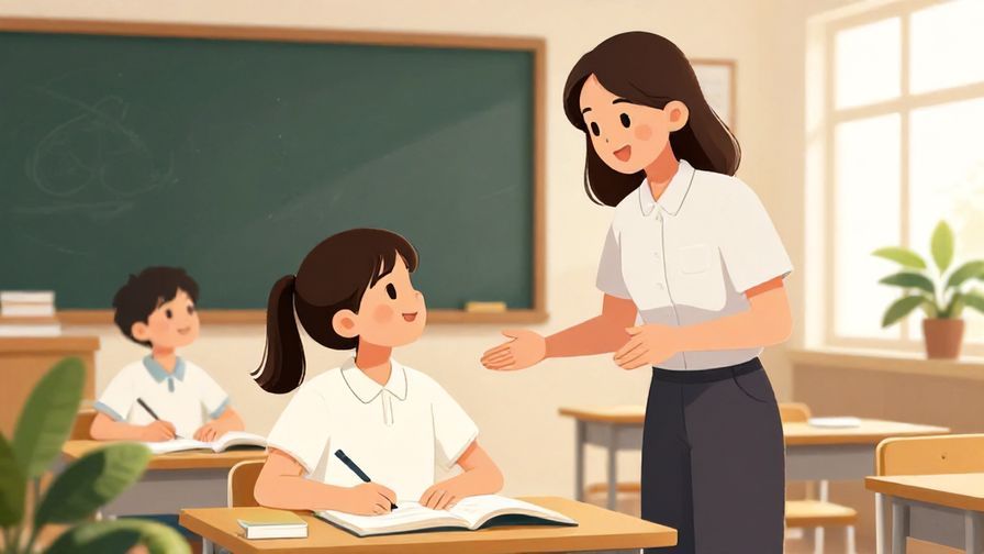 Illustration%20of%20a teacher praising a student with a proud smile in a bright classroom filled with books and plants