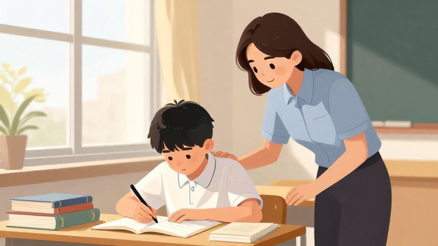 Illustration%20of%20a teacher%20encouraging%20a%20student%20studying%20hard%20at%20a%20desk%20with%20books%20and%20sunlight%20through%20the%20window%2C%20warm%20colors%2C%20illustrated%20style