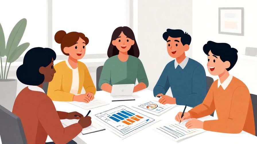 Illustration%20of%20a team discussing around a table with charts and blueprints%2C optimistic expressions%2C bright office background%2C illustrated style