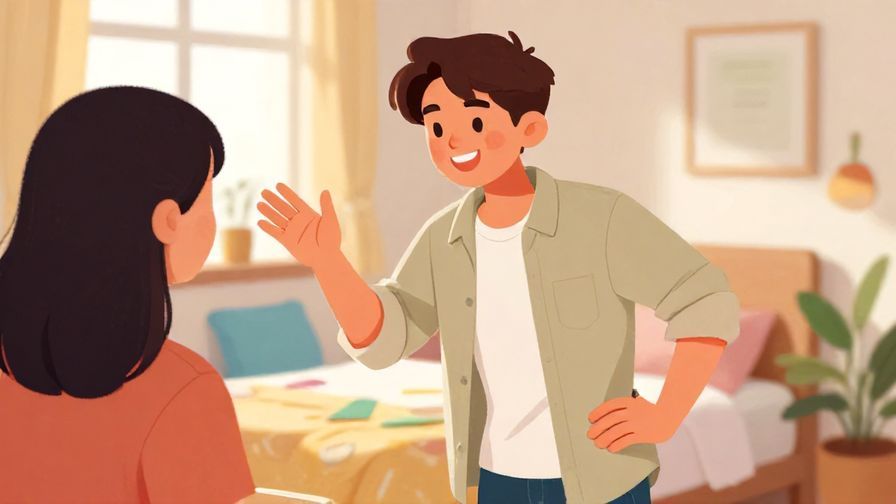 Illustration%20of%20a teenager casually greeting a friend with a playful smile and relaxed posture%2C%20bright%20bedroom%20background%2C%20vibrant%20colors%2C%20illustrated%20style