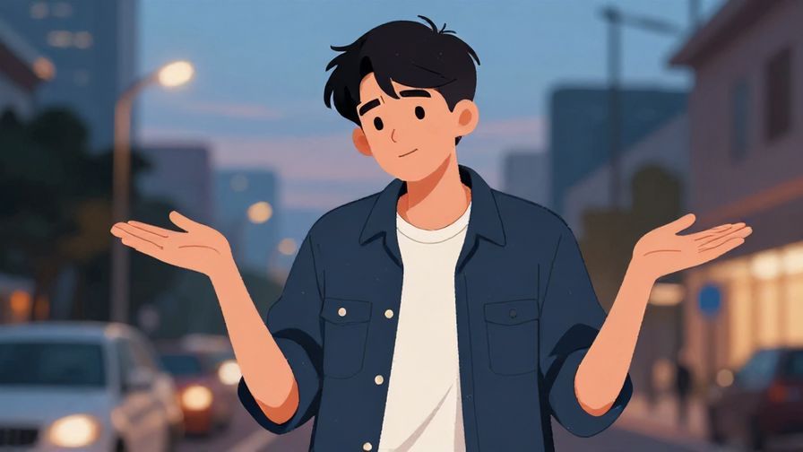 Illustration%20of%20a teenager shrugging with a curious grin, casual streetwear, city background at dusk, illustrated style