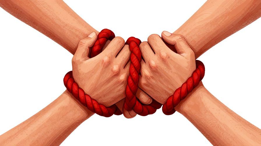 Illustration%20of%20a thick red rope tangled around hands but impossible to cut, symbolizing unbreakable blood ties, vibrant colors, illustrated style