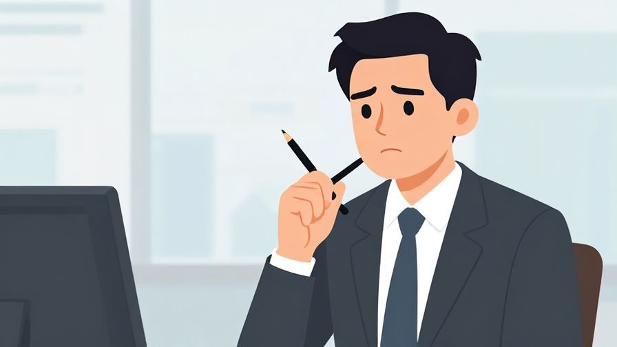 Illustration%20of%20a thoughtful businessperson holding a pen, looking slightly puzzled, office background