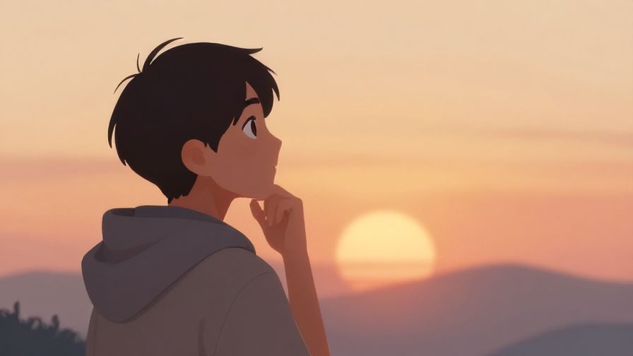 Illustration%20of%20a thoughtful person gazing at the sunrise, soft warm colors, contemplative mood