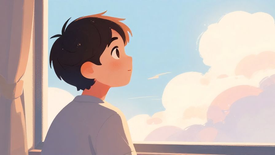 Illustration%20of%20a thoughtful person gazing out a window with soft sunlight, gentle pastel colors, a hint of hopeful expression, stylized clouds outside