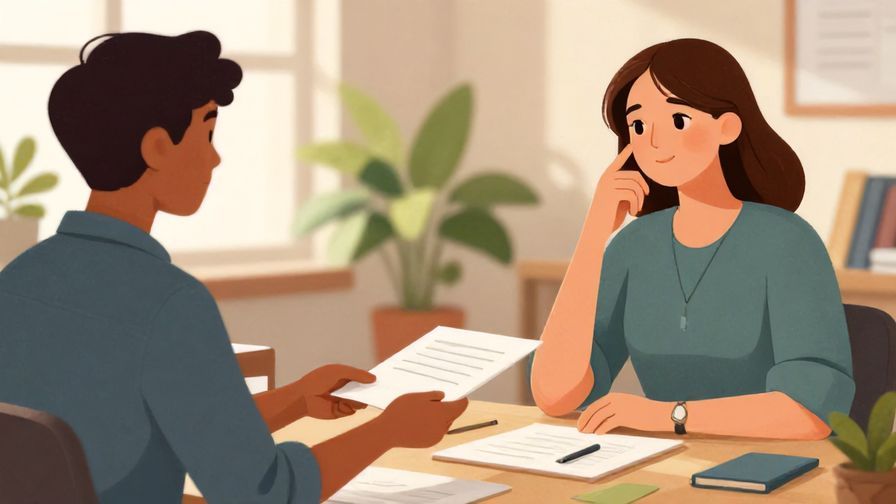 Illustration%20of%20a thoughtful person handing over a document to another, office background with plants and sunlight, detailed and vibrant colors, illustrated style