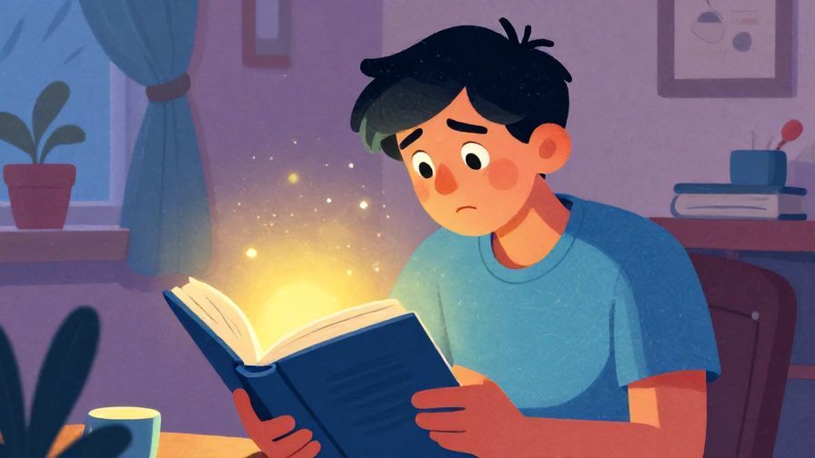Illustration%20of%20a thoughtful person looking at a glowing book with hesitant expression, indoor cozy setting, vibrant colors, illustrated style