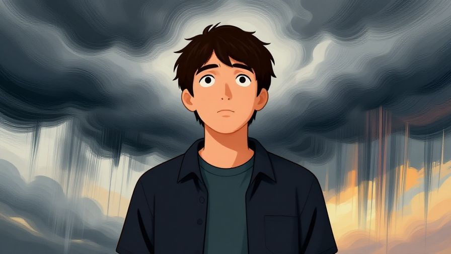 Illustration%20of%20a thoughtful person looking at a stormy sky, symbolizing the harshness and unpredictability of fate, detailed background, vibrant colors, illustrated style