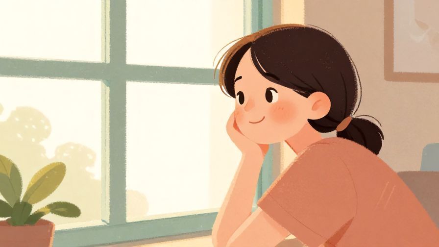 Illustration%20of%20a thoughtful person looking out a window with a gentle smile, soft pastel room background, warm colors, illustrated style