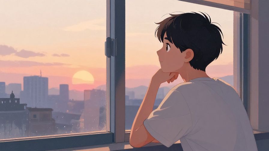 Illustration%20of%20a thoughtful person looking out a window at sunset, soft colors, reflective mood, illustrated style