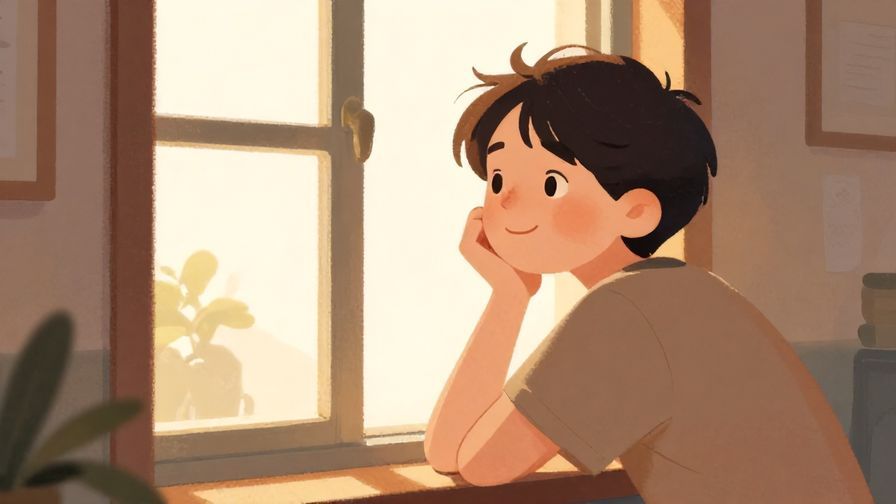 Illustration%20of%20a thoughtful person looking out a window with a soft smile, warm indoor lighting, illustrated style