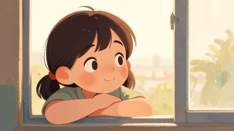 Illustration%20of%20a thoughtful person looking out a window with a soft smile, reflective mood, warm lighting, illustrated style