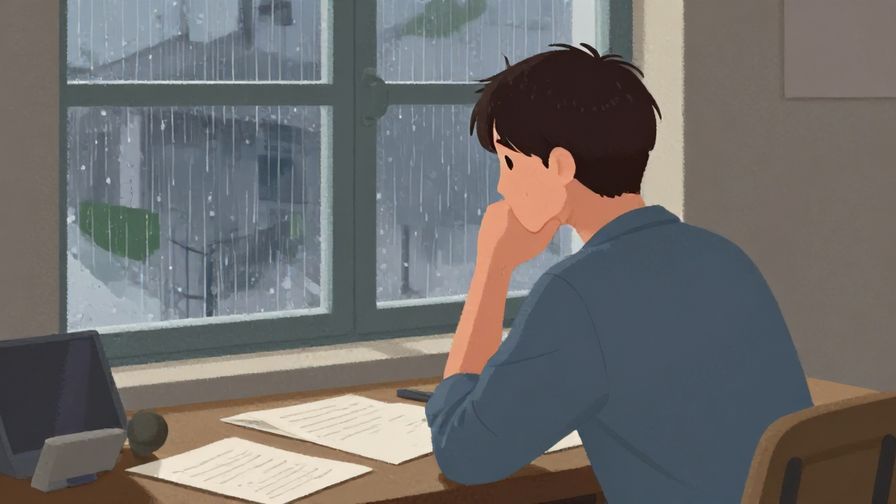 Illustration%20of%20a thoughtful person sitting by a window with soft rain outside, papers scattered on a desk