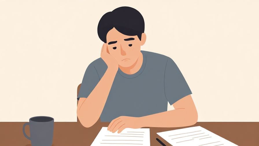 Illustration%20of%20a thoughtful person with a slight frown, sitting at a desk with papers, muted colors and gentle light