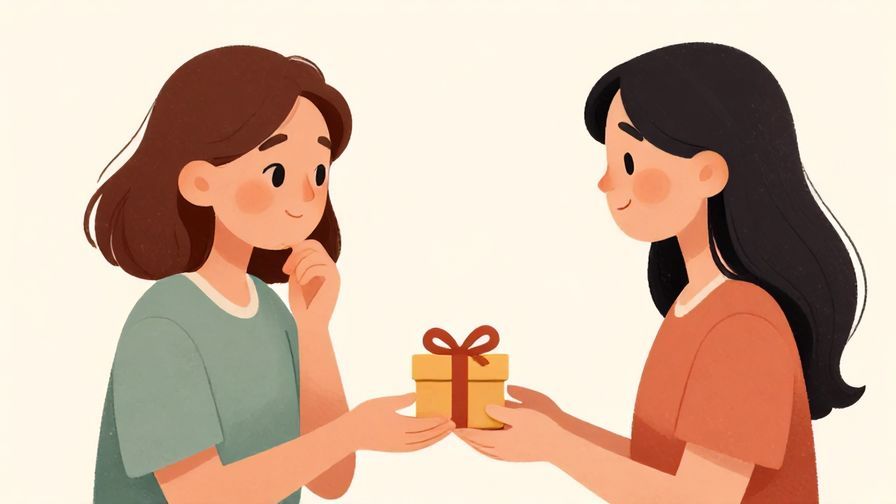 Illustration%20of%20a thoughtful woman giving a small gift to a friend with a gentle smile, soft background
