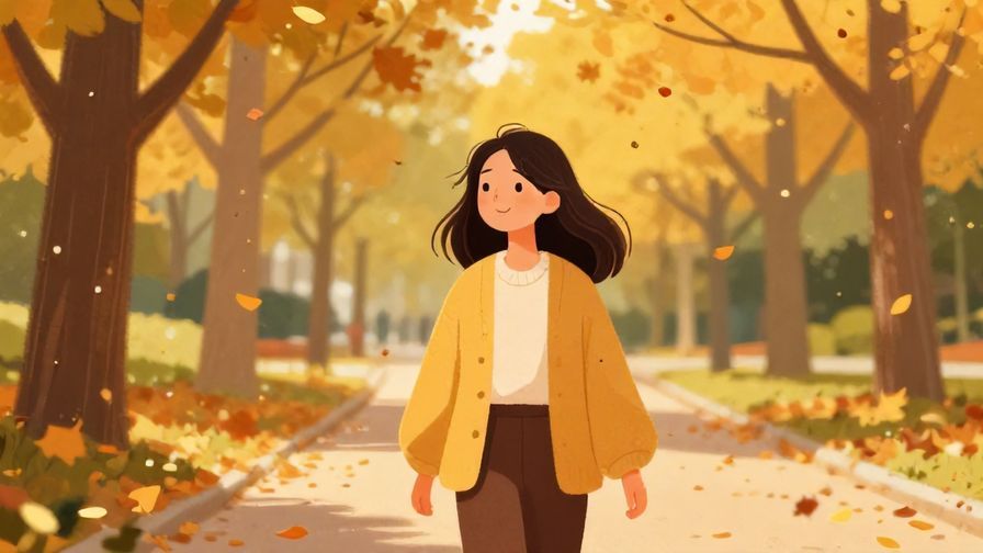 Illustration%20of%20a thoughtful young woman smiling slightly while walking through a park, autumn leaves falling, warm colors, illustrated style