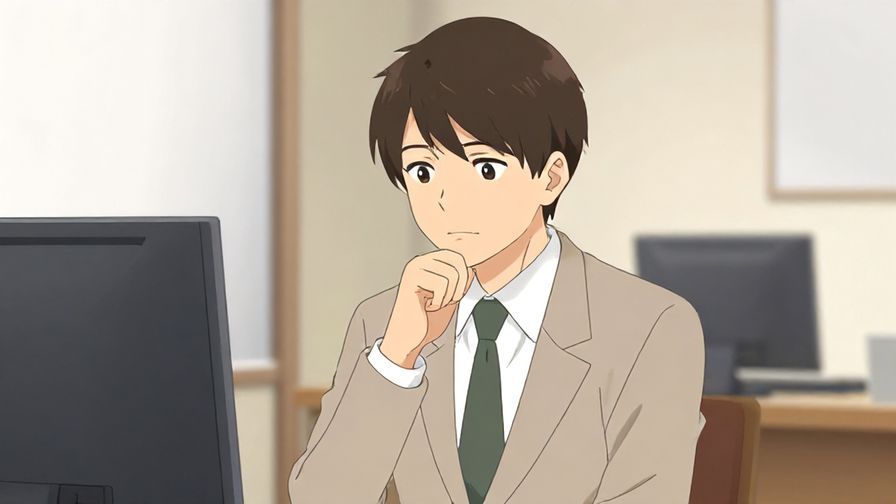 Illustration%20of%20a thoughtful%20person%20holding%20chin%20in%20reflection%2C%20formal%20Japanese%20office%20background%2C%20soft%20colors