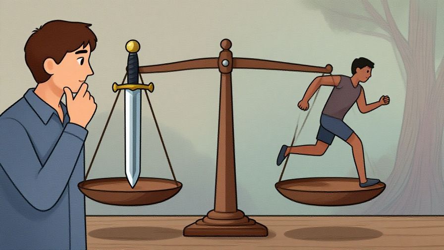 Illustration%20of%20a thoughtful%20person%20weighing%20two%20options%20on%20a%20balance%20scale%3A%20a%20sword%20and%20a%20running%20figure.%20Soft%20colors%20and%20detailed%20background%2C%20illustrated%20style