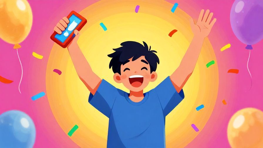 Illustration%20of%20a thrilled person raising arms joyfully while holding a favorite object, vibrant party background, colorful confetti, illustrated style