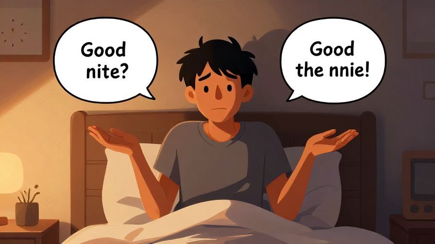 Illustration%20of%20a tired but satisfied person shrugging off the day, smiling and saying good night, dim warm lighting, comfortable bedroom scene