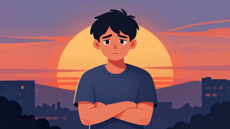 Illustration%20of%20a tired person crossing arms with a frustrated expression, standing in front of a sunset, vibrant colors, illustrated style