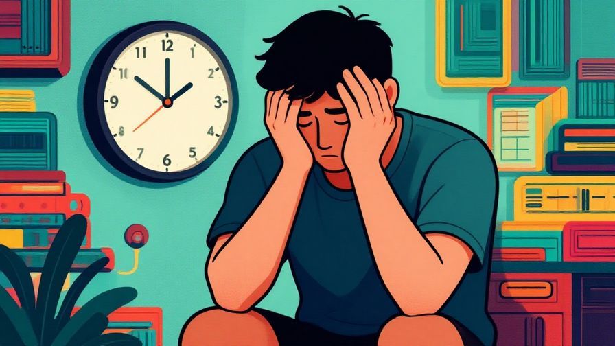 Illustration%20of%20a tired%20person%20sitting%20with%20head%20in%20hands%2C%20a%20clock%20showing%20late%20time%20in%20the%20background%2C%20detailed%20background%2C%20vibrant%20colors%2C%20illustrated%20style