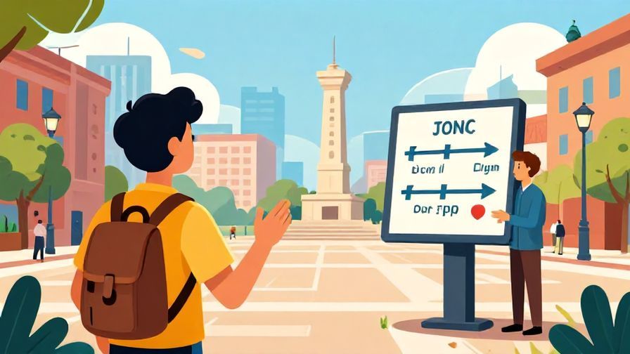 Illustration%20of%20a tourist%20asking%20an%20official%20about%20distance%20to%20a%20landmark%20in%20a%20city%20square%2C%20vibrant%20colors%2C%20illustrated%20style