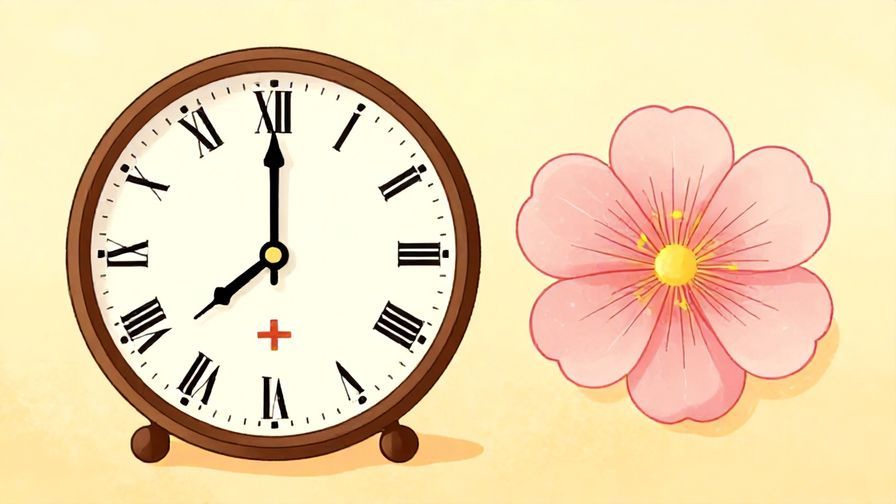 Illustration%20of%20a traditional Japanese clock beside a blooming flower, symbolizing time and growing love, warm tones, illustrated style