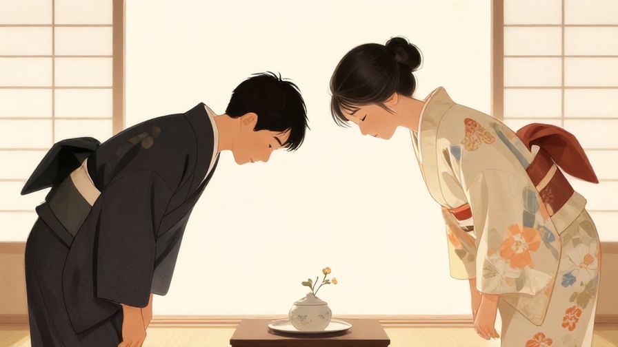 Illustration%20of%20a traditional Japanese formal setting, two people exchanging respectful bows, elegant kimono, soft natural light