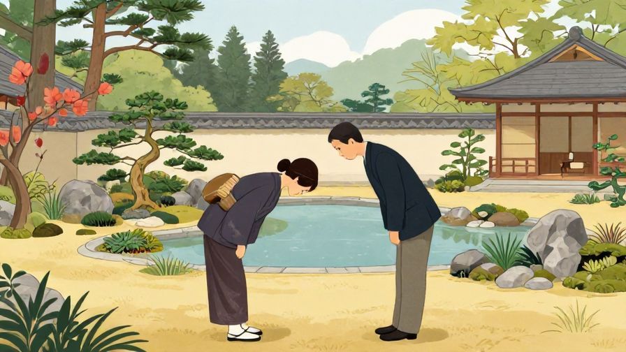 Illustration%20of%20a traditional Japanese garden with two people bowing respectfully to each other from a distance, serene and elegant atmosphere, illustrated style