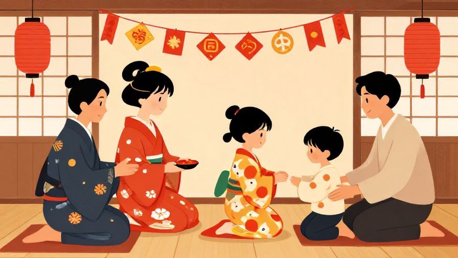 Illustration%20of%20a traditional Japanese New Year’s scene with decorations and people exchanging formal greetings, warm and cultural colors, illustrated style