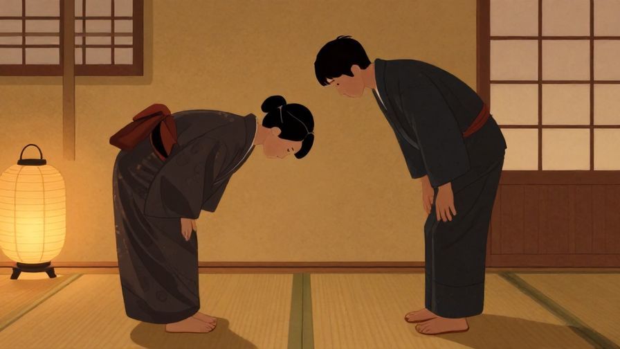 Illustration%20of%20a traditional Japanese setting with a person bowing deeply in respect, warm lantern light, illustrated style