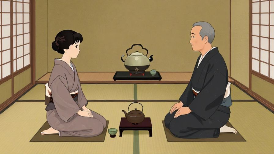 Illustration%20of%20a traditional Japanese tea room with a person politely seated and speaking formally, serene and respectful mood, illustrated style