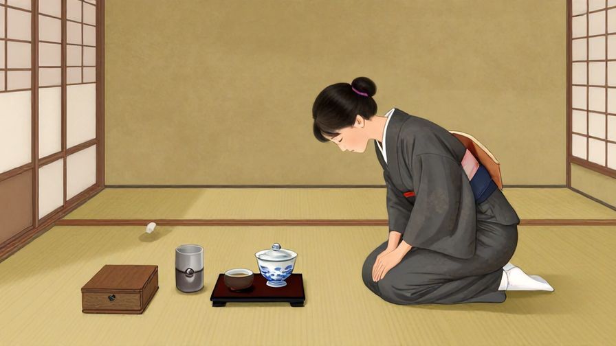 Illustration%20of%20a traditional Japanese tea room scene with a person bowing gracefully, serene and elegant atmosphere, illustrated style
