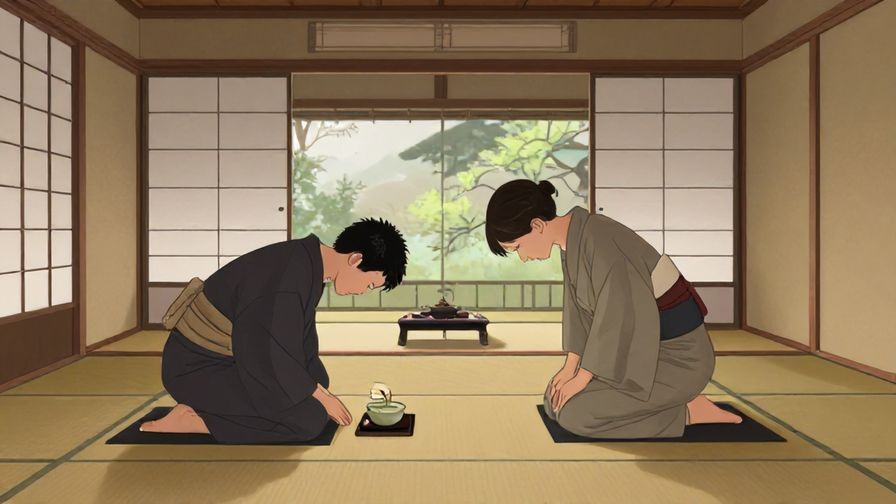 Illustration%20of%20a traditional Japanese tea room with soft lighting and serene atmosphere, a person bowing slightly, peaceful mood, illustrated style