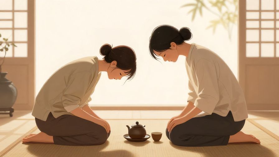 Illustration%20of%20a traditional tea ceremony setting with a person bowing deeply, soft natural lighting