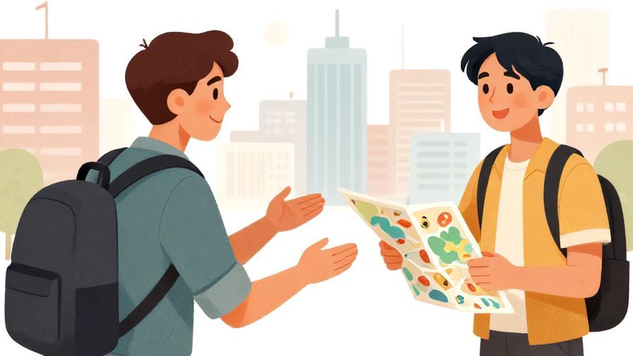 Illustration%20of%20a traveler politely asking for directions with a map%2C%20detailed%20city%20background%2C%20illustrated%20style