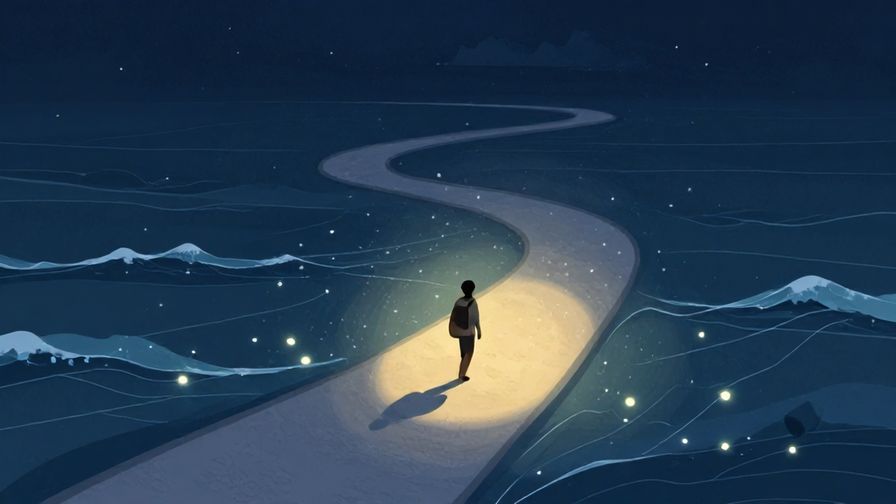 Illustration%20of%20a traveler walking a winding path illuminated by starlight, surrounded by gentle waves and soft glowing dots, serene mood