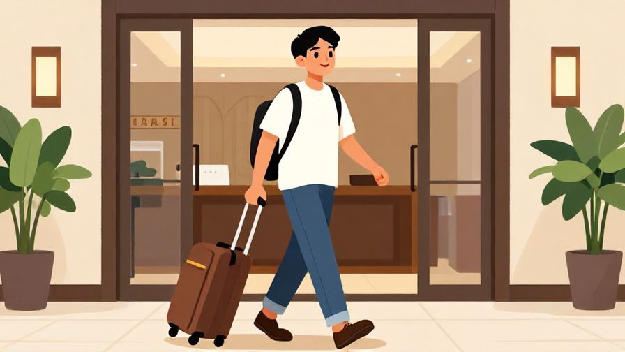 Illustration%20of%20a traveler%20walking%20into%20a%20hotel%20lobby%20with%20a%20casual%20and%20happy%20expression%2C%20bright%20colors%2C%20illustrated%20style