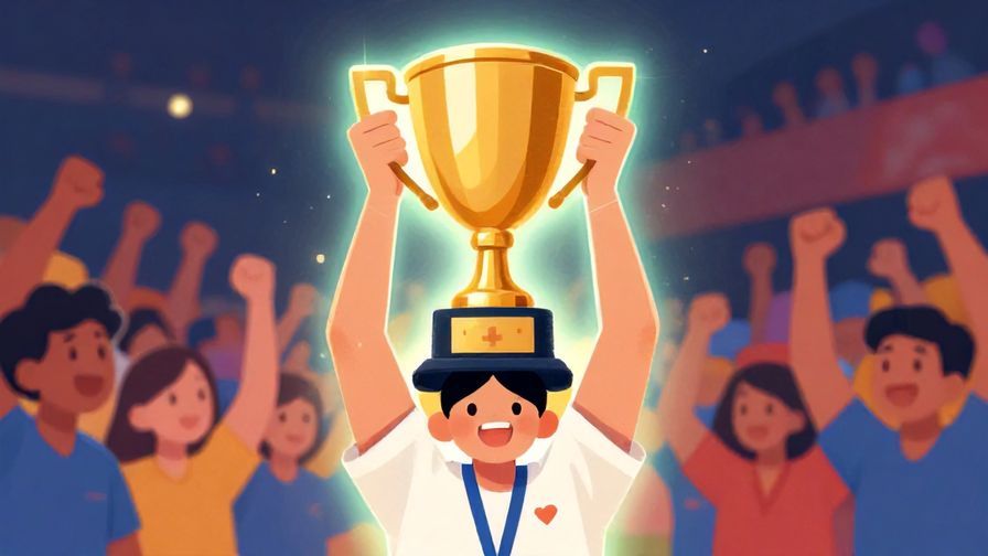Illustration%20of%20a triumphant character holding a trophy with a glowing aura, cheering crowd in the background, vibrant illustrations, clear lighting.