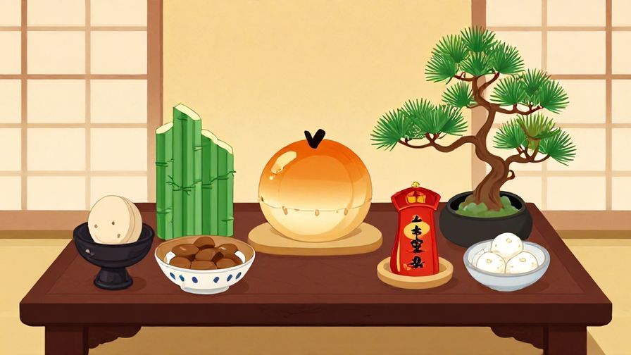 Illustration%20of%20a variety%20of%20auspicious%20items%20such%20as%20bamboo%20and%20pine%20arranged%20on%20a%20traditional%20Japanese%20table%2C%20warm%20lighting