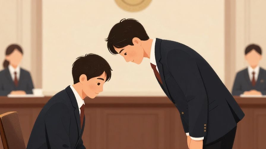 Illustration%20of%20a very polite person bowing deeply with a gentle expression, formal meeting room, illustrated style
