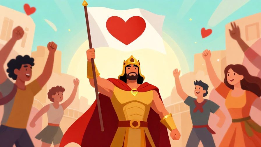 Illustration%20of%20a victorious warrior%20holding%20a%20heart-shaped%20flag%20amidst%20celebration%2C%20bright%20colors%2C%20illustrated%20style