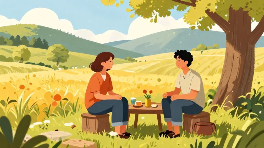 Illustration%20of%20a warm, countryside setting%20with%20two%20people%20chatting%20casually%2C%20vibrant%20colors%2C%20illustrated%20style