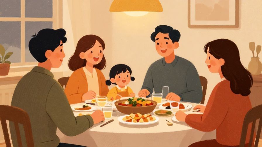 Illustration%20of%20a warm family dinner scene with friends and relatives laughing, cozy lighting and soft colors