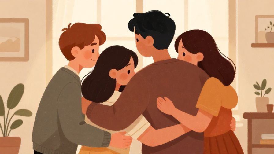 Illustration%20of%20a warm group hug between friends with a cozy home background and soft lighting