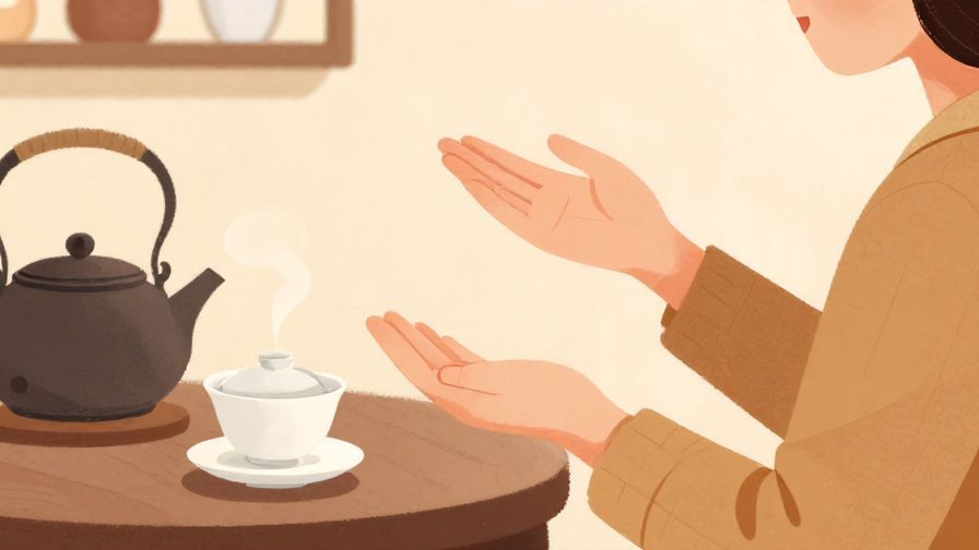 Illustration%20of%20a warm person gesturing invitingly with open palms, elegant tea house background, gentle colors, illustrated style