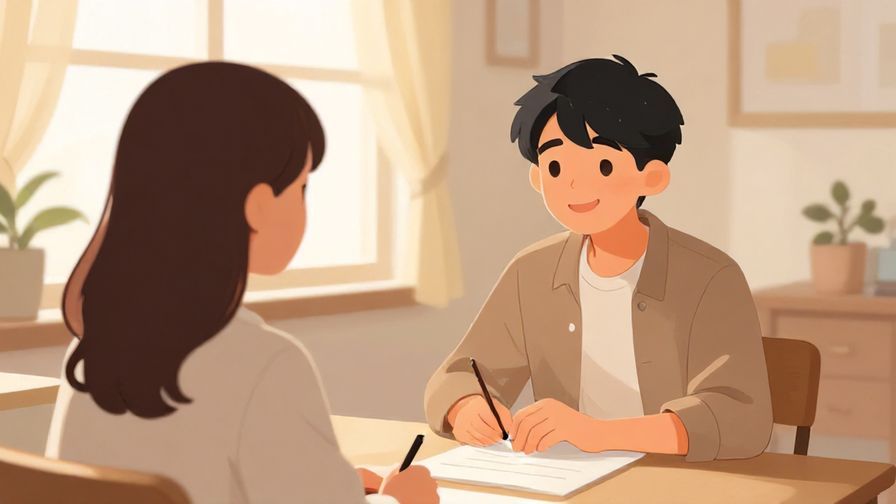 Illustration%20of%20a warm, polite interaction in a bright room, one person smiling encouragingly at another