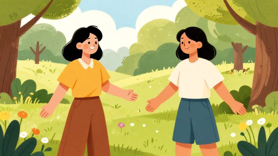 Illustration%20of%20a warm smile between two friends%20with%20open%20body%20language%20in%20a%20sunny%20park%20scene%2C%20vibrant%20colors%2C%20illustrated%20style