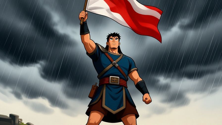 Illustration%20of%20a warrior%20standing%20firm%20under%20a%20stormy%20sky%2C%20holding%20a%20flag%20high%20with%20determined%20expression%2C%20dramatic%20lighting%2C%20vibrant%20colors%2C%20illustrated%20style